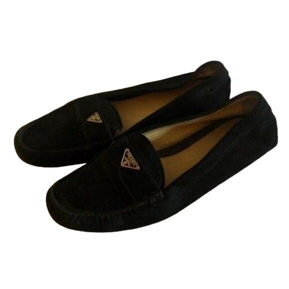 Prada Black Suede Metal Logo Drivers Penny Loafers Leather Flats Shoes 39 9 - Picture 2 of 8